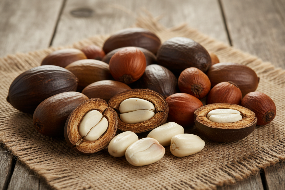 seeds and fruit from the Babassu tree on a piece of burlap with a rustic background